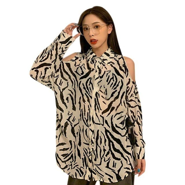 Women Printed Shirt Off The Shoulder Sexy Blouses Loose Long-sleeved Shirt Retro Female Blouses