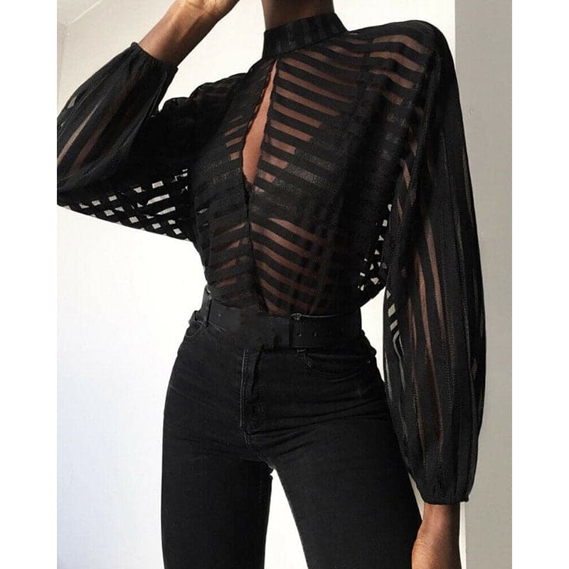 French Style Women Gauze Mesh Net Loose Blouse Sheer Long Sleeve Ladies Shirt Black Front Hollow Lantern Vague Sexy Look Stripe