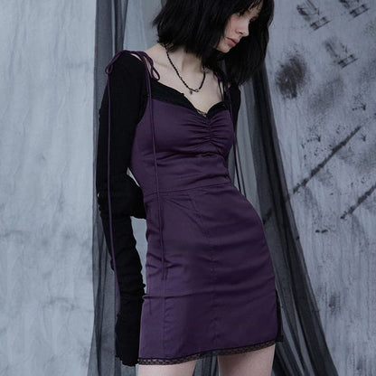 Sexy Spaghetti Straps Bodycon Gothic Black Dress Women Streetwear Black Lace Up Mini Female Dress Casual Purple Dress