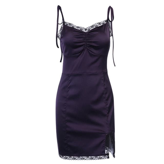 Sexy Spaghetti Straps Bodycon Gothic Black Dress Women Streetwear Black Lace Up Mini Female Dress Casual Purple Dress
