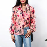 New Vintage Women Shirts Print Full Sleeve Loose Chiffon Thin Port Western Style Flavor Blouse Shirt Pink Blouse