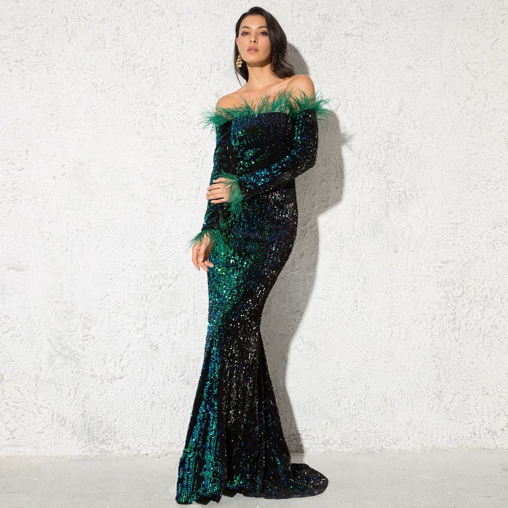 2023 Burgundy Shiny Sequin Feather Velvet Party Dress