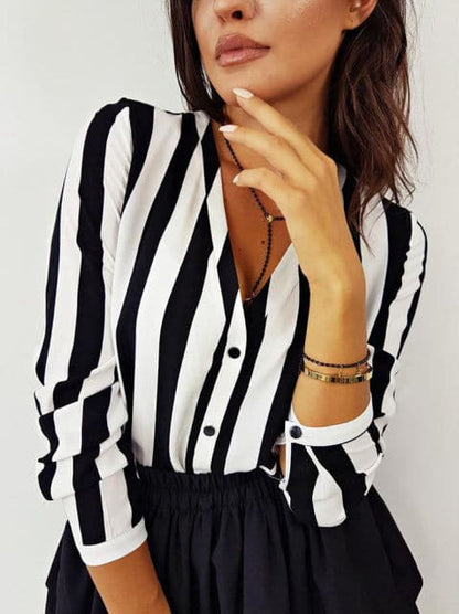 Summer Sexy Women Striped Shirt Black White Elegant V Neck Button Blouse OL Casual Loose Tops Vintage