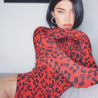Vintage Red Leopard Print Long Sleeve Skinny Bodysuits