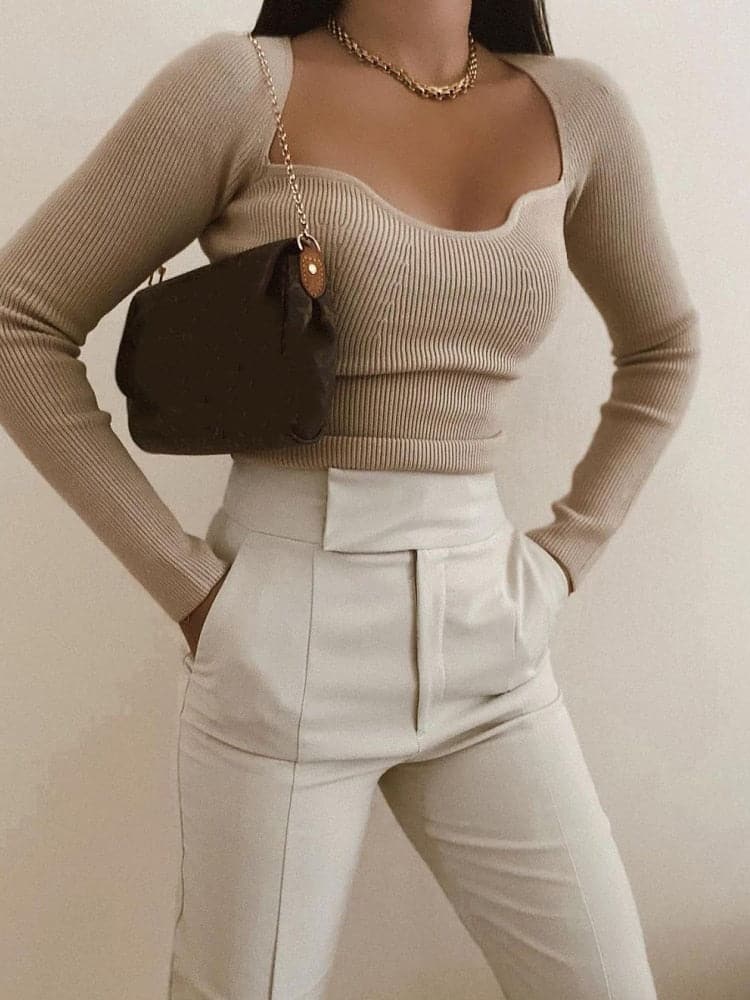 Stylish Chic Beige Knitted Cropped Blouses