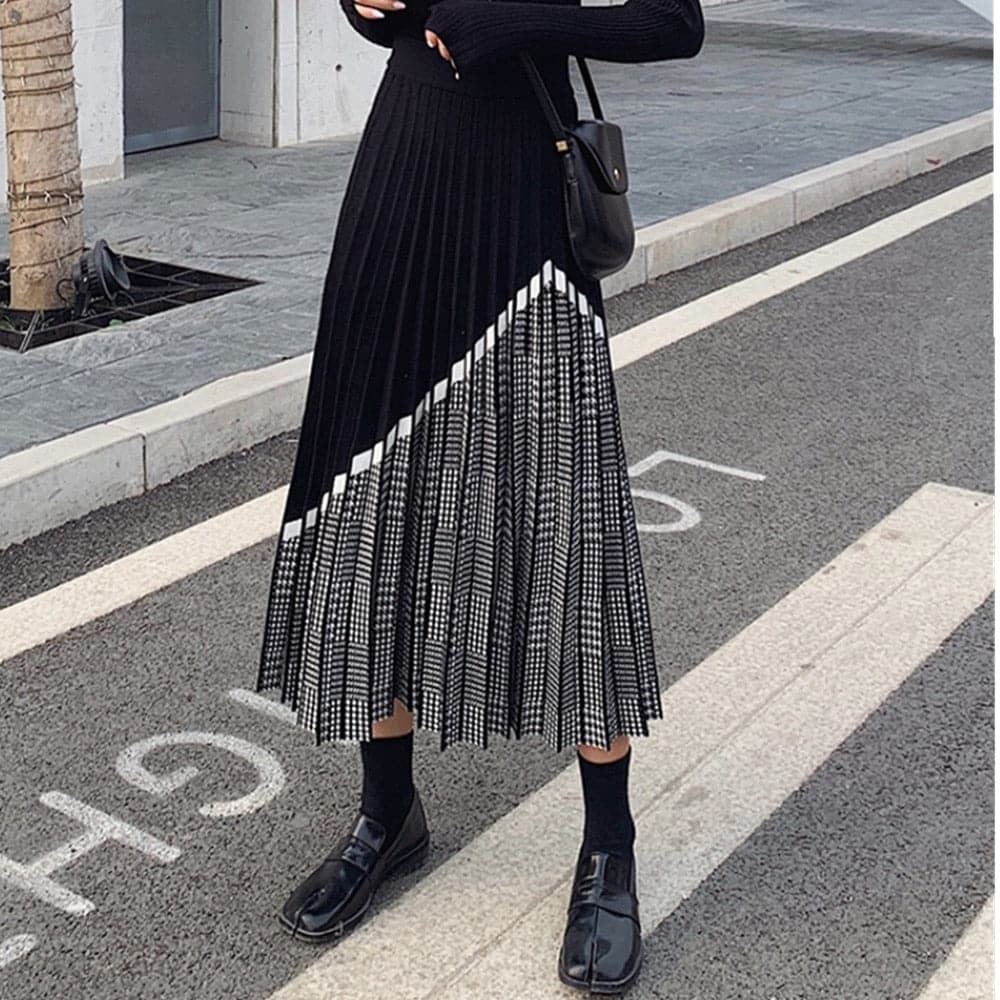Women's Fashion High Waist Pleated Knitted Midi Skirt