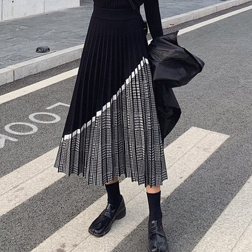 Women's Fashion High Waist Pleated Knitted Midi Skirt