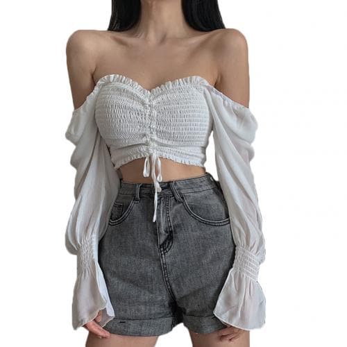 Women Tops And Bloues Sexy Women Long Sleeve Square Neck Shirt Drawstring Off Shoulder Blouse Crop Top