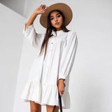 Women Vintage Ruffled Front Button A-line Dress Long Sleeve Stand Collar Solid Elegant Casual Mini Dress 2021 Autumn New Dress