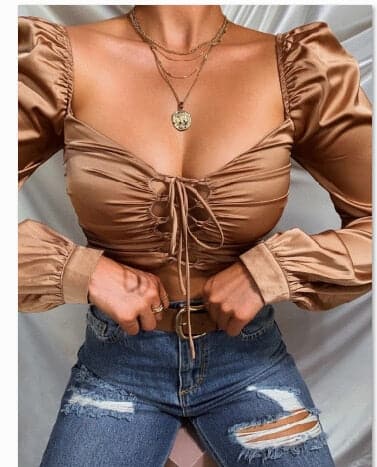 Shirts OL Women Elegant Fall Tie Front Tops Blouses Shirts Fall Square Collar Puff Long Sleeve Vintage Lace-up Shirt Tops