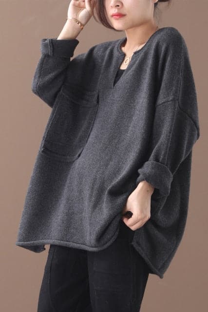 Female New Autumn and Winter Korean Style Plus Size Literary Small V-neck Single-pocket Primer Casual Sweater Outerwear