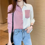 Korean Clothing Women's Tops and Blouses OL Style Loose Blouse Women Shirts POLO Collar 2021 Long Sleeve Patchwork Casual Pink