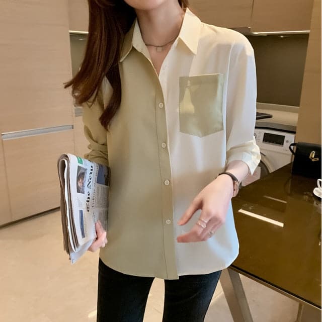 Korean Clothing Women's Tops and Blouses OL Style Loose Blouse Women Shirts POLO Collar 2021 Long Sleeve Patchwork Casual Pink
