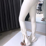 PU Leather Women Boot Pants Autumn Winter Stretch Lace Up Bandage Side Split Bodycon High Waist Tight Trouser Fashion Fall 2021