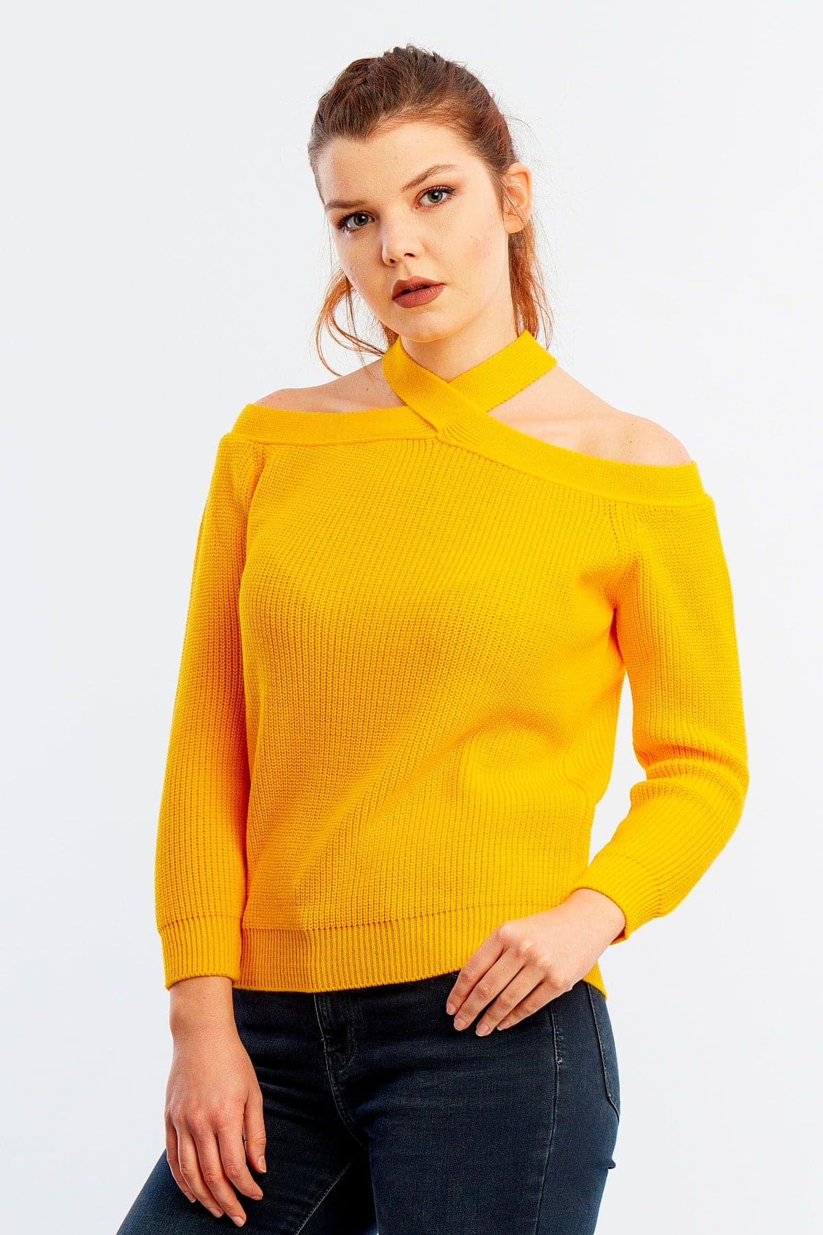 Women Yellow Halter-Neck Pass Sweater