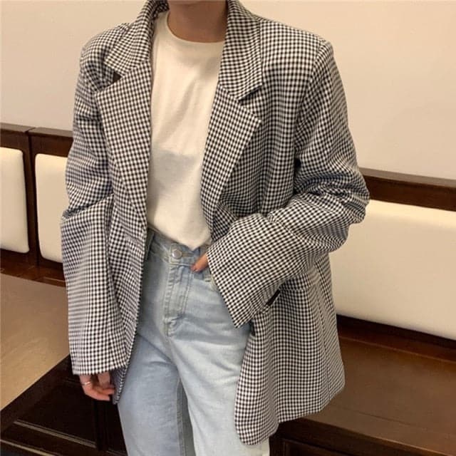 Women's Buttons Pockets Checkered Blazers