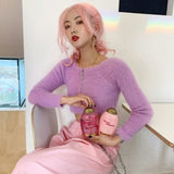 Sweet Girl Pink Fluffy Front Zipper Off Shoulder One-line Neck Slim Knit Top