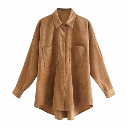 Women 2020 Fashion Corduroy With Pockets Loose Asymmetrical Blouses Vintage Long Sleeve Button-up Female Shirts Streetwear