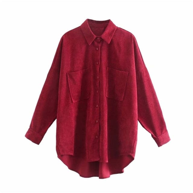 Women 2020 Fashion Corduroy With Pockets Loose Asymmetrical Blouses Vintage Long Sleeve Button-up Female Shirts Streetwear