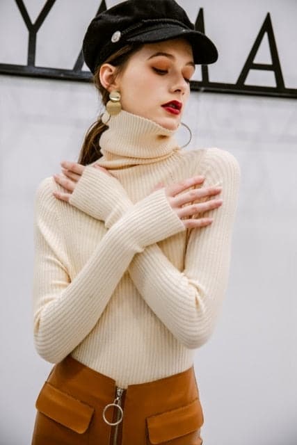 Korean Style Turtelneck Sweater Fashion Slim Casual Winter Sleeve Knitted Turtelneck Sweater Pull Femme Women's Clothing