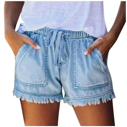 Blue Tassel Lace Up Mid Waist Wide Shorts Summer Bermuda Shorts