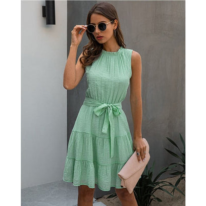 Sleeveless Sweet Pleated Pure Color Sashes Dress