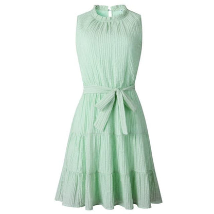 Sleeveless Sweet Pleated Pure Color Sashes Dress