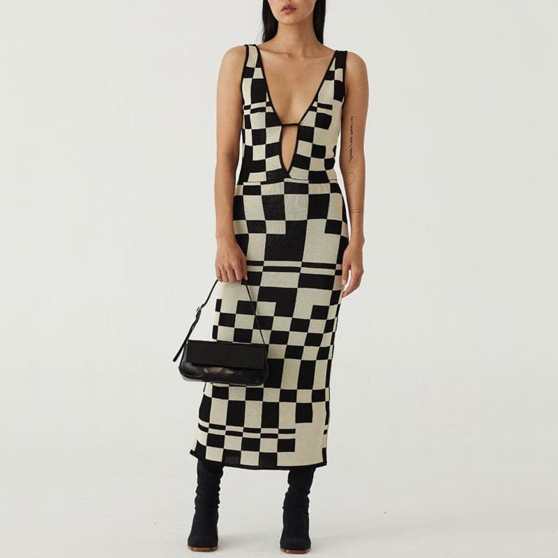 Sexy Backless Plaid Print Spaghetti Strap Hollow Out Vestidos Dresses