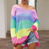 Spring Autumn Women's Patchwork Long Sleeve Rainbow Striped Top Knitted Shirt Top Casual Pink L Size