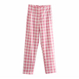 Office Lady Fashion Pink Plaid Suit Cotton Long Pants Women 2021 Summer Za High Waist Zipper Straight Chic Trousers