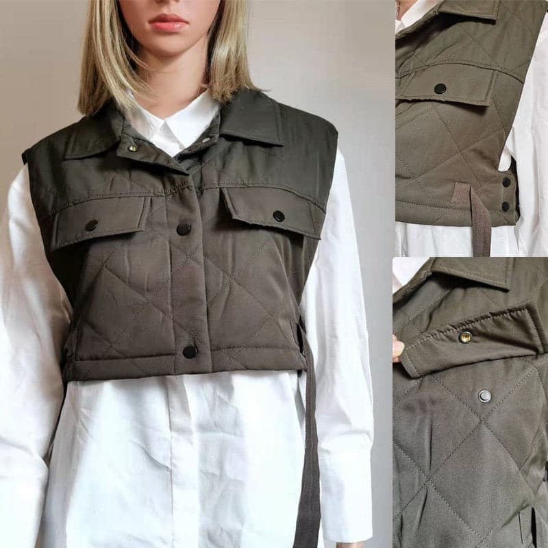 Womens Army Green Lapel Sleeveless Vest Jacket