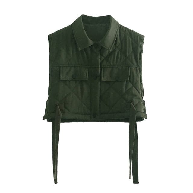 Womens Army Green Lapel Sleeveless Vest Jacket