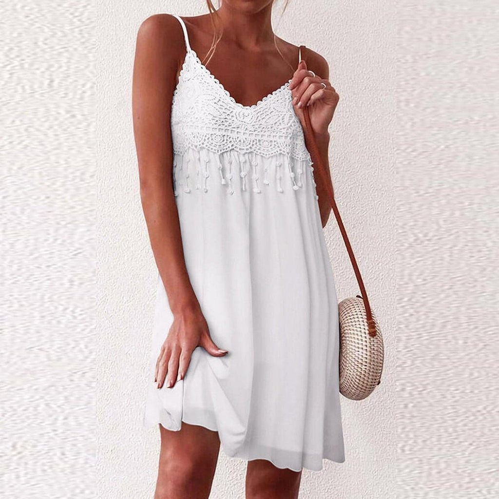 V-Neck Strap Open White Lace Sleeveless Loose Elegant Mini Dress