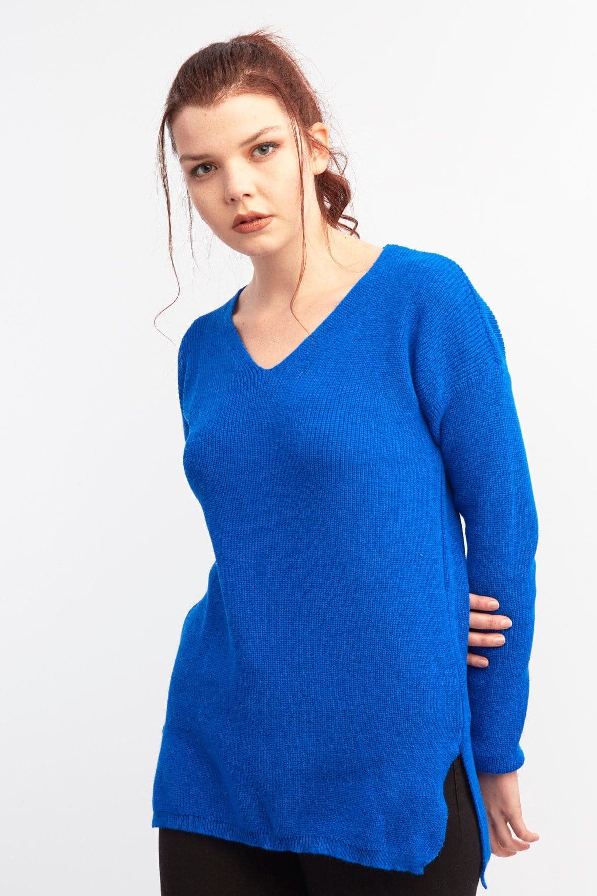 Women Saks Blue V-Neck Sweater