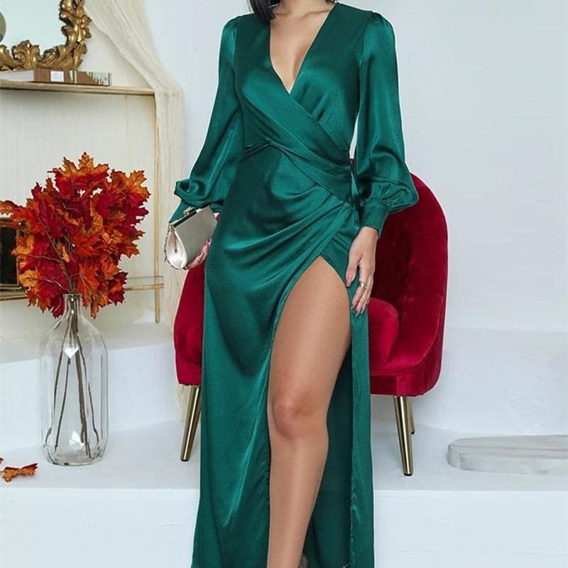 2023 Elegant Long Sleeve V Neck Sexy Maxi Dress