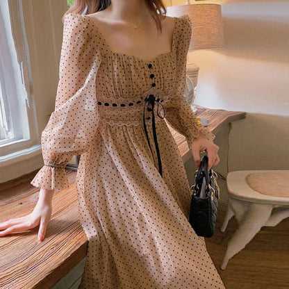 French Vintage Midi Dress Women Puffer Sleeve Square Collor Office Elegant Dress Female 2021 Autumn Dot One Piece Dress Korean