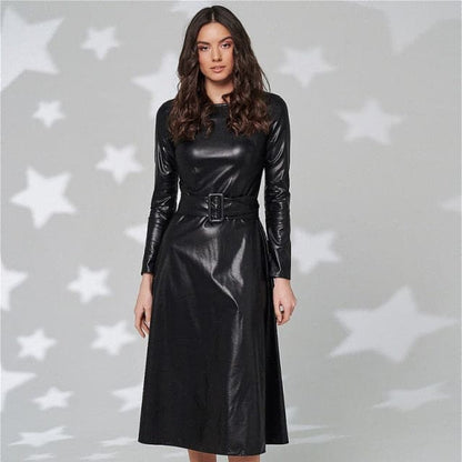 2023 Fashion Belt Faux Leather Slim Fit PU Dress