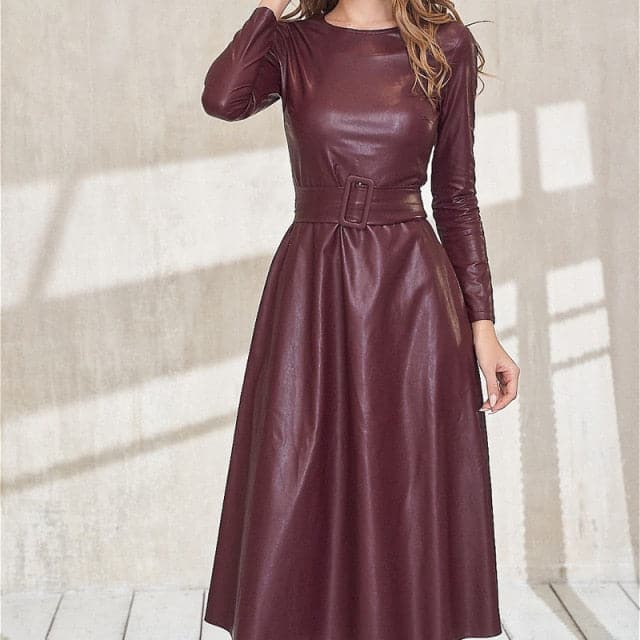 2023 Fashion Belt Faux Leather Slim Fit PU Dress