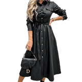 Women Office Lady PU A line Solid Turn Down Collar Single Breasted Sashes Black 2021 New Autumn Casual Party Chic Long Dress