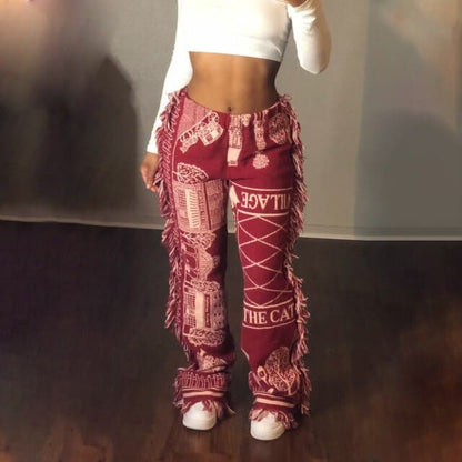 Tassel Patchwork Striped Print Jogger Pant Women Rave Festival Clothing 2021 Summer Casual High Waist Bodycon Active Sweat Pants