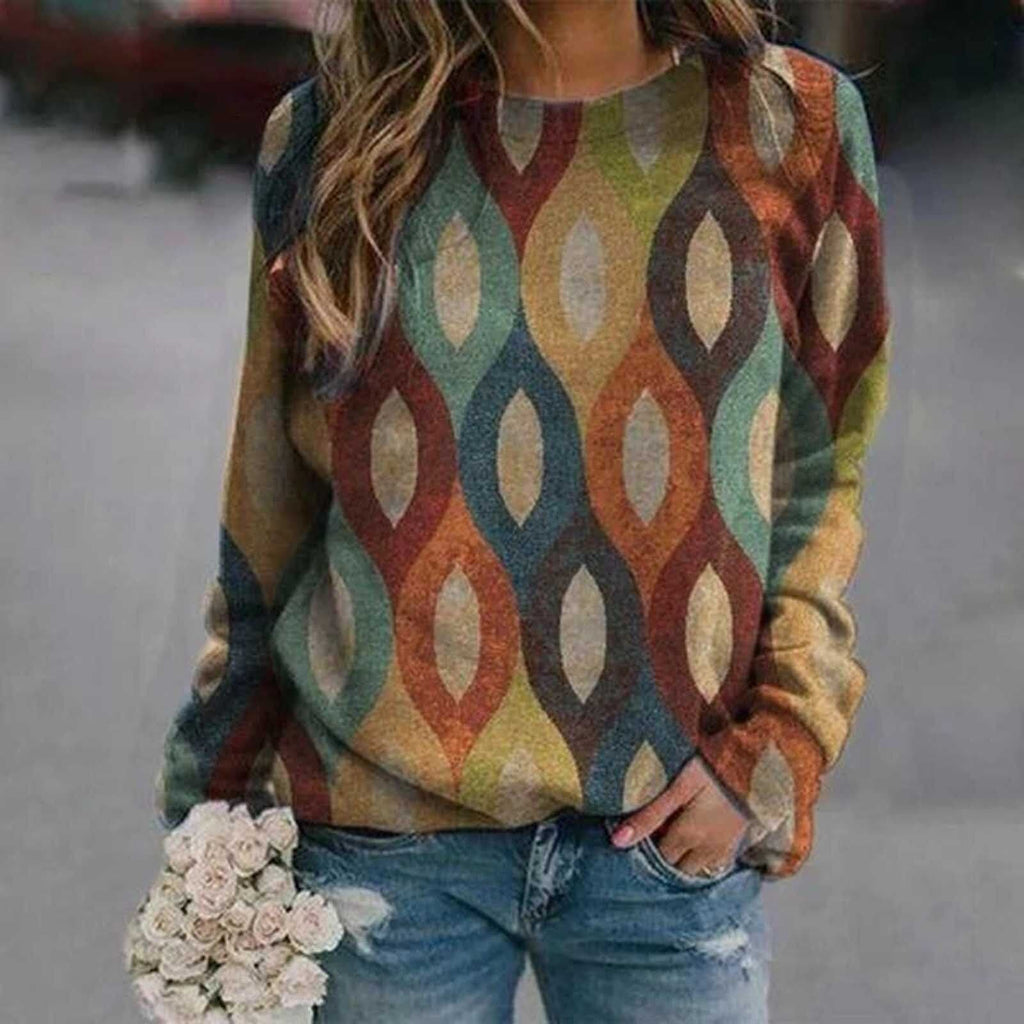Vintage Blouses Women's Casual Oversized Flora Printed Thermal Crewneck Long Sleeve Pullover Tee Shirts Ropa De Mujer 2021