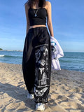 Gothic Punk Oversize Wide Leg Pants Women Streetwear Grunge Graffiti Print Baggy Black Trousers