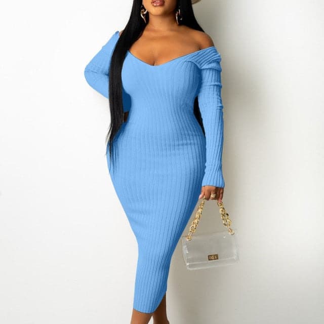 Sexy Strapless Ribbed Knitted Long Sleeve Sweater Dress