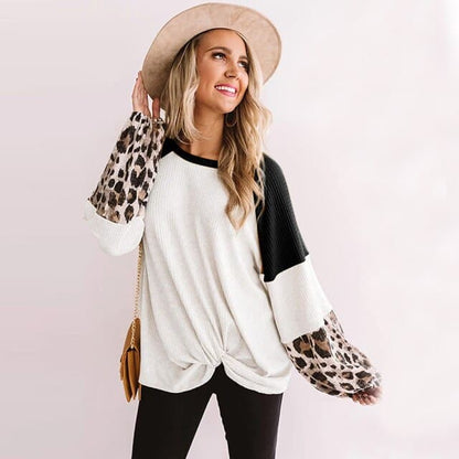 Leopard Patchwork Sweatshirt Woman Casual Loose Long Sleeve O-Neck Aesthetic Streetwear Fashion Autumn Pullover Elegant Clothes