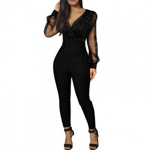 Women Jumpsuit Black Elegant Sequins Glitter Party Night Sexy Bodysuits Deep V Neck Mesh Long Sleeve Jumpsuit One Piece Overall