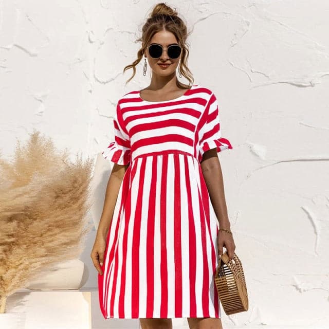 2023 Cute Loose Striped Print Ruffles Sleeves Dresses