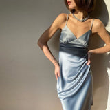 2023 Elegant Satin Fabric V Neck Sexy Casual Dress