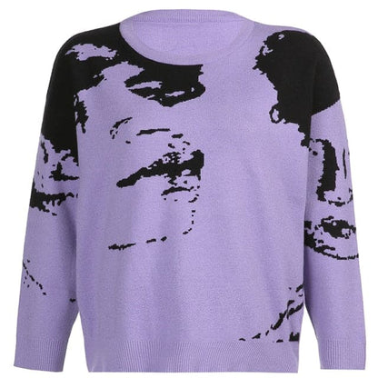 Loose Portrait Print Knitted Sweater