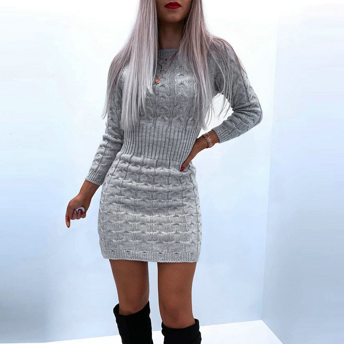 2023 Elegant Solid Color Knitted Mini Dress