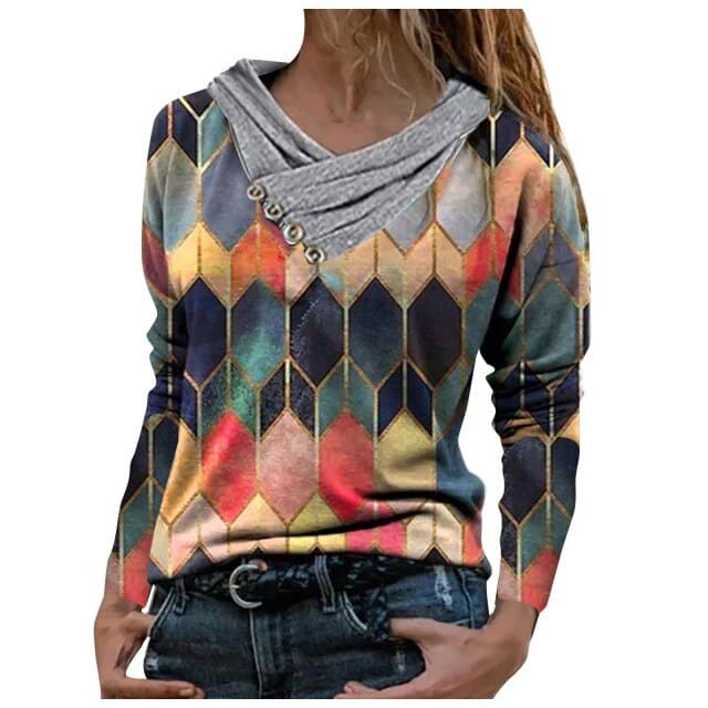 Vintage Geometric Hooded Blouse Spring Autumn Long Sleeve Women Tops Pullover Casual Loose Shirts